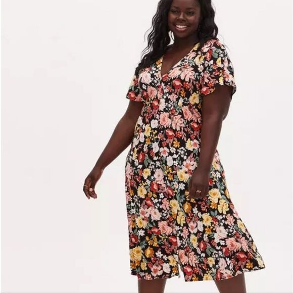 Torrid Black Floral Challis Button Front Midi Dress - Picture 1 of 11